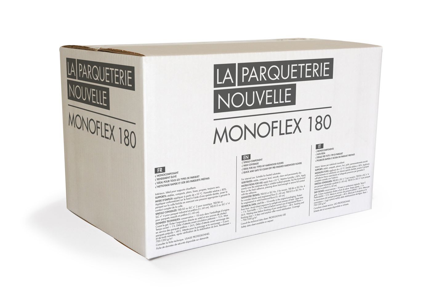 Colle Spatulable mono-composant MS Monoflex 180 La Parqueterie Nouvelle sans émanation de COV pour parquet massif et contrecollé 15 kg