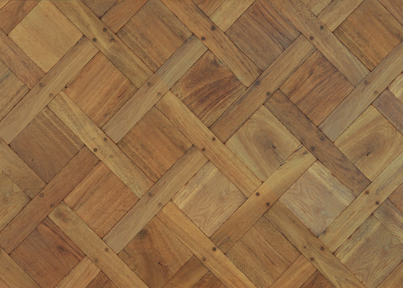 Parquet chêne contrecollé LIVERPOOL vieilli Versailles sans cadre huile aqua 15mm et carrés de 160 & navettes de 65x390