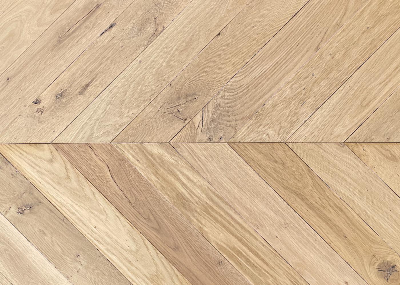 Parquet chêne massif BERGEN Point de Hongrie brossé huile aqua 14x120x650(PàT) 45°